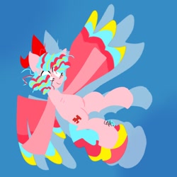 Size: 1280x1280 | Tagged: safe, artist:loona95517858, cozy glow, pegasus, pony, g4, belly, blue background, female, filly, foal, rainbow power, rainbow power-ified, simple background, solo