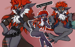 Size: 2386x1508 | Tagged: safe, artist:redjester, oc, oc only, oc:maniacal desire, bird, ornithian, anthro, anthro oc, chest fluff, claws, clothes, coat, feather, female, orange eyes, pillow, simple background