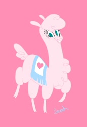 Size: 640x934 | Tagged: safe, artist:speedyakaleah, paprika (tfh), oc, oc:fluffle puff, alpaca, them's fightin' herds, g4, community related, female, heart, palette swap, pink background, recolor, simple background, solo