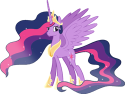 Size: 1031x775 | Tagged: safe, artist:fedethedox2121, princess celestia, twilight sparkle, alicorn, pony, g4, the last problem, crown, ethereal mane, ethereal tail, female, jewelry, older, older twilight, older twilight sparkle (alicorn), palette swap, princess twilight 2.0, recolor, regalia, simple background, solo, tail, transparent background, twilight sparkle (alicorn)
