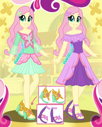 Size: 1080x1350 | Tagged: safe, artist:wavebreeze234, fluttershy, butterfly, human, g4, 2d, ankles, canterlot high, clothes, dress, female, hairpin, high heels, legs, looking up, shoes, smiling