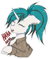 Size: 3100x3700 | Tagged: safe, artist:hysteriana, oc, oc only, oc:evening lake, pony, unicorn, blue mane, cheek fluff, chest fluff, clothes, ear fluff, ears back, eyes closed, female, floppy ears, hoof fluff, horn, jacket, laughing, light skin, patch, ponytail, simple background, solo, spots, spotted, sticker, striped mane, transparent background