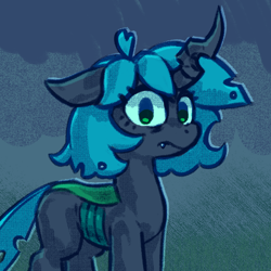 Size: 1000x1000 | Tagged: safe, artist:impamy, oc, oc only, oc:changeling filly anon, oc:filly anon, changeling, changeling queen, nymph, blue mane, changeling oc, changeling queen oc, changelingified, cloud, cloudy, digital art, dithering, eyelashes, fangs, female, filly, foal, frown, grass, green eyes, horn, looking at you, overcast, solo, species swap