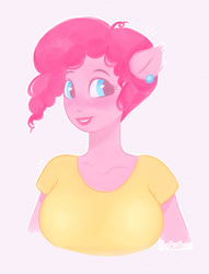 Size: 1286x1681 | Tagged: safe, artist:huskaboo, pinkie pie, human, g4, bust, clothes, ear piercing, eared humanization, earring, female, humanized, jewelry, piercing, pony coloring, shirt, simple background, smiling, solo