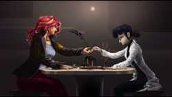 Size: 1778x1000 | Tagged: safe, artist:hilloty, sci-twi, sunset shimmer, twilight sparkle, human, equestria girls, g4, duo, duo female, female, food, holding hands, human coloration, looking at each other, looking at someone, sitting, sushi, table