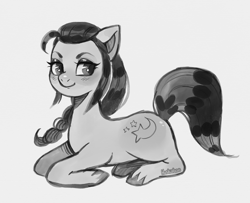 Size: 1757x1425 | Tagged: safe, artist:huskaboo, sunny starscout, earth pony, pony, g5, blushing, female, grayscale, lying down, mare, monochrome, ponyloaf, prone, signature, simple background, smiling, solo, tail, unshorn fetlocks, white background