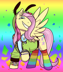 Size: 3396x3903 | Tagged: safe, artist:verikoira, fluttershy, pegasus, pony, antonymph, cutiemarks (and the things that bind us), vylet pony, g4, asexual pride flag, clothes, fluttgirshy, gir, gradient background, implied rainbow dash, invader zim, kandi, looking at you, nonbinary, nonbinary pride flag, pansexual pride flag, pride, pride flag, rainbow, rainbow background, rainbow socks, scene, sharp teeth, socks, solo, spread wings, striped socks, teeth, wings