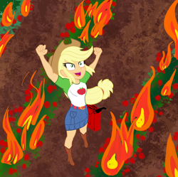 Size: 2072x2060 | Tagged: safe, artist:calmbreezes, applejack, human, equestria girls, g4, arms in the air, boots, clothes, cowboy boots, cowboy hat, fire, food, hat, pyromaniac, shoes, skirt, solo, standing, strawberry