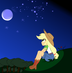 Size: 1212x1222 | Tagged: safe, artist:calmbreezes, equestria girls, g4, boots, cowboy boots, cowboy hat, crossed arms, freckles, grass, hat, moon, night, night sky, outdoors, shoes, sitting, sky, solo, tree