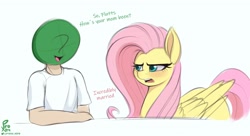 Size: 2398x1300 | Tagged: safe, artist:pyropk, fluttershy, oc, oc:anon, human, pegasus, pony, annoyed, blushing, fluttershy is not amused, implied marriage, implied posey shy, milf hunter, open mouth, open smile, simple background, smiling, unamused, white background