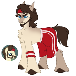 Size: 1000x1000 | Tagged: safe, artist:kazmuun, ace point, earth pony, pony, arm band, beard, chest fluff, clothes, colored hooves, countershading, determined look, ear fluff, ears back, facial hair, headband, leg fluff, male, moustache, shorts, simple background, solo, stallion, standing, transparent background, unshorn fetlocks