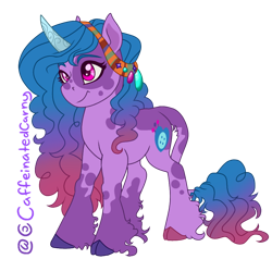 Size: 920x876 | Tagged: safe, artist:caffeinatedcarny, izzy moonbow, pony, unicorn, g5, clothes, cloven hooves, coat markings, curved horn, cute, gemstones, gradient mane, headscarf, hippie, hooves, horn, horn runes, izzybetes, leonine tail, markings, multicolored hair, multicolored hooves, redesign, romani headscarf, scarf, simple background, solo, splotches, tail, transgender, transparent background, unshorn fetlocks