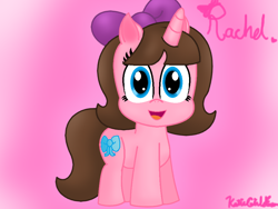 Size: 910x684 | Tagged: safe, artist:katiegirlsforever, oc, oc only, oc:rachel, pony, unicorn, g4, blue eyes, bow, brown hair, brown mane, brown tail, cute, female, girly, girly girl, hair bow, horn, looking at you, mare, ocbetes, open mouth, open smile, pink background, pink coat, purple bow, simple background, smiling, smiling at you, solo, tail, unicorn oc
