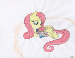 Size: 1024x796 | Tagged: safe, artist:katiegirlsforever, fluttershy, chipmunk, pegasus, pony, g4, alvin and the chipmunks, baby, bedroom eyes, brittany miller, crossover, cuddling, cute, eleanor miller, eyes closed, female, flutterlove, folded wings, glasses, group, hay, jeanette miller, love, lying down, mare, prone, quartet, shyabetes, smiling, the chipettes, traditional art, wings