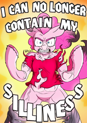 Size: 2480x3507 | Tagged: safe, artist:mcsplosion, pinkie pie, earth pony, human, pony, g4, angry, bipedal, clothes, female, fire, gritted teeth, high res, human to pony, male to female, mare, mid-transformation, muscles, rage, ripping clothes, solo, teeth, text, transformation, transgender transformation, vein, vein bulge
