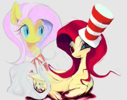 Size: 1103x870 | Tagged: safe, artist:ponykip, fluttershy, pegasus, pony, elements of insanity, g4, big ears, big eyes, blood, blood puddle, bloody hooves, bloody mouth, colored eyebrows, colored pinnae, duality, duo, duo female, female, fluttershout, folded wings, frown, gray background, hat, heterochromia, long mane, lying down, mare, messy mane, open mouth, open smile, pink mane, prone, red mane, self paradox, self ponidox, simple background, smiling, teal eyes, teeth, top hat, two toned mane, wavy mane, wings