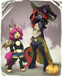 Size: 1692x2080 | Tagged: safe, artist:sparkling_light, oc, bat pony, unicorn, anthro, unguligrade anthro, chest fluff, choker, clothes, dress, female, fishnet clothing, fishnet stockings, hat, horn, npn (nightmare pony night), open mouth, potion, pumpkin, shorts, stockings, thigh highs, trio, witch hat
