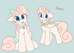 Size: 2800x2000 | Tagged: safe, artist:puppie, oc, oc only, oc:soren, pegasus, pony, :p, bell, bell collar, bow, collar, curly mane, cute, female, hair bow, innocent, mare, pegasus oc, soft, solo, tail, tail bow, tongue out, wingding eyes