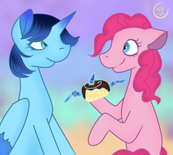 Size: 670x602 | Tagged: artist needed, source needed, safe, pinkie pie, oc, oc:blue thunder, alicorn, g4, cupcake, food, gradient background