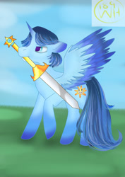 Size: 1000x1414 | Tagged: safe, oc, oc only, oc:blue thunder, alicorn, alicorn oc, hero, horn, mouth hold, solo, sword, weapon, wings