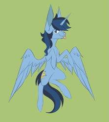 Size: 1465x1640 | Tagged: safe, artist:maggot, oc, oc only, oc:blue thunder, alicorn, pony, alicorn oc, flying, green background, horn, simple background, solo, tongue out, wings