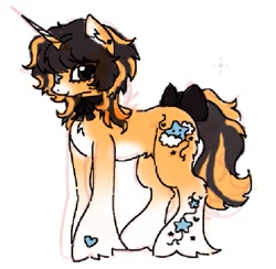 Size: 727x711 | Tagged: safe, artist:junniepiepoopop, oc, oc only, unnamed oc, pony, unicorn, big eyes, bow, brown eyes, chest fluff, coat markings, colored belly, colored horn, colored muzzle, colored pinnae, colored sketch, ear fluff, ear piercing, earring, facial markings, heart, heart mark, horn, jewelry, long horn, long mane, long mane male, long tail, male, mealy mouth (coat marking), neck bow, neck ribbon, orange coat, pale belly, piercing, ponysona, profile, pubic fluff, simple background, sketch, smiling, socks (coat markings), solo, stallion, standing, star (coat marking), tail, tail bow, two toned mane, two toned tail, unicorn horn, unicorn oc, unshorn fetlocks, white background