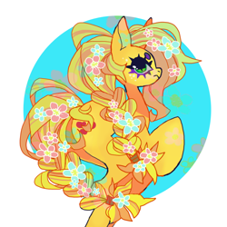 Size: 850x850 | Tagged: safe, artist:cutesykill, applejack, earth pony, pony, g4, beanbrows, big ears, big eyes, blonde mane, blonde tail, braid, braided ponytail, braided tail, colored eyebrows, eyebrows, female, flower, flower in hair, flower in tail, freckles, frown, green eyes, looking at you, looking back, looking back at you, mare, orange coat, passepartout, ponytail, profile, rear view, rearing, simple background, slit pupils, solo, tail, thick eyelashes, tied mane, tied tail, white background