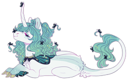 Size: 2876x1805 | Tagged: safe, artist:sleepy-nova, oc, oc only, oc:teal monarch, butterfly, pony, unicorn, cloven hooves, curved horn, fetlock wings, horn, leonine tail, lying down, prone, simple background, solo, tail, transparent background, winged fetlocks