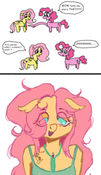 Size: 941x1630 | Tagged: safe, artist:cingulomana, fluttershy, pinkie pie, earth pony, pegasus, pony, anthro, g4, 2 panel comic, comic, dialogue, drug use, drugs, duo, duo female, eye clipping through hair, eyebrows, eyebrows visible through hair, female, floating eyebrows, flutterhigh, hands on pony, high, looking at something, mare, marijuana, meme, open mouth, open smile, pointing, simple background, smiling, speech bubble, suddenly hands, talking, text, vape pen, white background, wingding eyes