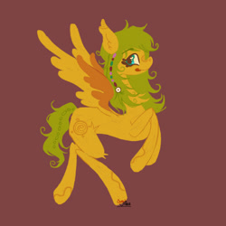 Size: 2048x2048 | Tagged: oc name needed, safe, artist:cingulomana, oc, oc only, pegasus, pony, :p, coat markings, colored eyebrows, colored wings, colored wingtips, curly mane, curly tail, ear fluff, ear tufts, eyebrows, eyebrows visible through hair, green mane, green tail, high res, leg fluff, lineless, long legs, long mane, long neck, long tail, looking back, neck fluff, pegasus oc, profile, rearing, red background, signature, simple background, smiling, solo, spread wings, tail, teal eyes, tongue out, two toned wings, wingding eyes, wings, yellow coat