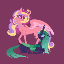 Size: 2048x2048 | Tagged: safe, artist:cingulomana, princess cadance, queen chrysalis, alicorn, changeling, changeling queen, pony, g4, alternate color palette, alternate design, alternate hair color, alternate tail color, black coat, blaze (coat marking), carapace, changeling horn, chest fluff, coat markings, colored eyebrows, colored horn, colored wings, colored wingtips, concave belly, curly mane, curly tail, cute, cute little fangs, duo, duo female, ear fluff, ear tufts, ears back, eye clipping through hair, eyebrows, eyebrows visible through hair, facial markings, fangs, female, floppy ears, green eyes, green mane, green tail, heart, heart eyes, heart horn, high res, horn, infidelity, leg fluff, lesbian, lineless, long legs, long mane, long tail, looking at each other, looking at someone, lying down, mare, missing accessory, multicolored mane, multicolored tail, pink coat, profile, prone, purple background, purple eyes, raised hoof, ship:cadalis, shipping, simple background, slender, smiling, smiling at each other, spread wings, standing, straight mane, straight tail, tail, thin, thin legs, two toned wings, wall of tags, wingding eyes, wings