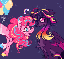 Size: 2048x1884 | Tagged: safe, artist:cingulomana, pinkie pie, twilight sparkle, alicorn, earth pony, pony, g4, alternate color palette, alternate design, alternate eye color, alternate hair color, alternate hairstyle, balloon, big ears, blaze (coat marking), blue eyes, blushing, chest fluff, coat markings, colored belly, colored ear tufts, colored eyebrows, colored hooves, colored horn, colored muzzle, colored sclera, colored wings, colored wingtips, curly mane, curved horn, duo, duo female, ear fluff, ear piercing, ear tufts, earring, eye clipping through hair, eyebrows, eyebrows visible through hair, facial markings, fangs, female, floating, floating heart, floppy ears, gradient mane, heart, hooves, horn, horn jewelry, horn ring, in air, jewelry, leg fluff, lesbian, long neck, looking at each other, looking at someone, mare, mealy mouth (coat marking), multicolored hooves, multicolored mane, open mouth, open smile, pale belly, partially open wings, piercing, pink coat, pink eyes, pink mane, pink sclera, profile, purple background, purple coat, rainbow, ring, shiny hooves, ship:twinkie, shipping, signature, simple background, sitting, smiling, smiling at each other, sparkles, sparkly eyes, sparkly hooves, sparkly mane, splotches, starry eyes, stars, swirls, thin, twilight sparkle (alicorn), two toned wings, unshorn fetlocks, wall of tags, wingding eyes, wings, wolf cut, yellow sclera