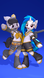 Size: 2160x3840 | Tagged: safe, artist:owlpirate, dj pon-3, octavia melody, vinyl scratch, earth pony, unicorn, semi-anthro, g4, 3d, 4k, clothes, cosplay, costume, duo, duo female, female, gradient background, headset, high res, horn, looking at you, mare, open mouth, open smile, smiling, smiling at you, source filmmaker, standing, standing on one leg
