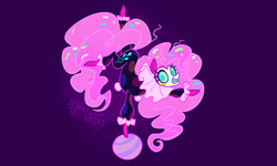 Size: 4000x2400 | Tagged: safe, artist:janegumball, pinkie pie, earth pony, pony, eternal night au (janegumball), g4, alternate universe, ball, clown, confetti, confetti in mane, confetti in tail, female, grin, handstand, high res, looking at you, mare, nightmare pinkie, nightmarified, signature, smiling, smiling at you, solo, standing, standing on one leg, upside down