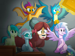 Size: 1033x774 | Tagged: safe, artist:lordshrekzilla20, gallus, ocellus, sandbar, silverstream, smolder, yona, changedling, changeling, dragon, earth pony, griffon, hippogriff, yak, fanfic:a king to a god, g4, caught, cloven hooves, dragoness, female, gradient background, male, size difference, stowaway, student six