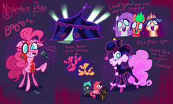 Size: 4000x2400 | Tagged: safe, artist:janegumball, pinkie pie, bat pony, earth pony, pegasus, pony, unicorn, eternal night au (janegumball), g4, alternate universe, balloon, balloon animal, circus tent, clown, eye twitch, fangs, female, filly, floppy ears, foal, food, grin, gritted teeth, high res, horn, hypnosis, hypnotized, mare, microphone, nightmare pinkie, nightmarified, smiling, swirly eyes, teeth, text, tomato