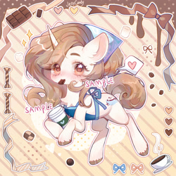 Size: 2000x2000 | Tagged: safe, artist:jelly-candy, oc, oc only, unnamed oc, pony, unicorn, apron, blushing, chocolate, chocolate bar, clothes, coffee, coffee cup, cup, cute, food, heart, holding in mouth, horn, marshmallow, ocbetes, ribbon, speech bubble, striped background