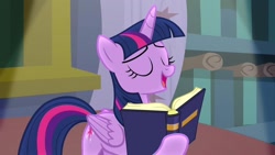 Size: 1200x675 | Tagged: safe, screencap, twilight sparkle, alicorn, g4, book, eyes closed, solo, that pony sure does love books, twilight sparkle (alicorn)