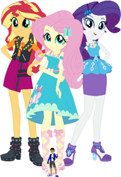 Size: 2064x3024 | Tagged: safe, artist:sturk-fontaine, fluttershy, rarity, sunset shimmer, oc, human, equestria girls, g4, base used, female, geode of empathy, geode of fauna, geode of shielding, giantess, macro, magical geodes, male oc, poké ball, pokémon, pokémon trainer, simple background, trio, trio female, white background