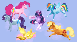 Size: 2048x1139 | Tagged: safe, artist:janegumball, applejack, fluttershy, pinkie pie, rainbow dash, rarity, twilight sparkle, earth pony, pegasus, pony, unicorn, g4, blue background, emoji, female, glowing, glowing horn, hoers, horn, irl horse, looking at you, lying down, mane six, mare, on side, prone, recolored hoers, simple background, spread wings, wings