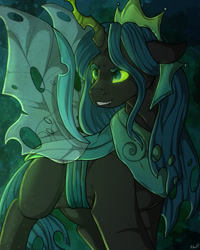 Size: 1024x1280 | Tagged: safe, artist:binibean, queen chrysalis, changeling, changeling queen, g4, female, glowing, glowing horn, grin, horn, smiling, solo, turned head, ultimate chrysalis