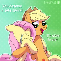 Size: 1000x1000 | Tagged: safe, artist:fruiitypieq, applejack, fluttershy, earth pony, pegasus, g4, crying, female, fluttercry, gradient background, patterned background