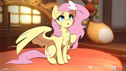 Size: 2560x1440 | Tagged: safe, artist:skitsroom, part of a set, fluttershy, pegasus, pony, g4, beanbrows, cute, cyrillic, disembodied hand, eyebrows, female, genshin impact, hand, head pat, mare, open mouth, pat, ponified, ponified scene, reference in the comments, russian, shyabetes, sitting, solo