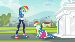 Size: 3840x2160 | Tagged: safe, artist:octosquish7260, rainbow dash, human, equestria girls, g4, my little pony equestria girls: better together, boots, canterlot high, clothes, converse, double rainbow, female, geode of super speed, grass, hoodie, humans doing horse things, jacket, leggings, looking at each other, looking at someone, magical geodes, pants, pony to human, portal, portal to equestria, rainbow socks, self paradox, shirt, shoes, skirt, sneakers, socks, standing, striped socks, t-shirt, teenager, wristband