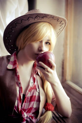 Size: 600x900 | Tagged: safe, artist:chiffafoxy, applejack, human, g4, apple, clothes, cosplay, costume, food, irl, irl human, photo, solo