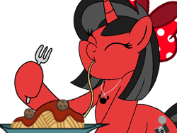 Size: 1066x800 | Tagged: safe, artist:noi kincade, oc, oc only, oc:minnie motion, unicorn, g4, bow, eating, eyes closed, female, food, fork, hair bow, horn, jewelry, necklace, pasta, simple background, spaghetti, transparent background