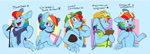 Size: 8338x3000 | Tagged: safe, artist:chub-wub, rainbow dash, pegasus, pony, g4, alternate hairstyle, alternate universe, american football, baseball cap, bipedal, blue background, book, bowtie, cap, chest fluff, clipboard, clothes, female, football, glasses, goggles, grin, hat, helmet, human shoulders, mare, microphone, open mouth, personality swap, role reversal, safety vest, scarf, simple background, smiling, solo, sports, whistle, whistle necklace