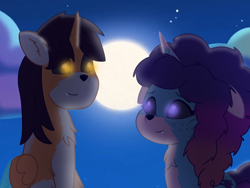Size: 1024x768 | Tagged: safe, artist:bluemario11, misty brightdawn, oc, oc:ej, alicorn, hengstwolf, unicorn, werewolf, g5, alicorn oc, cloud, countershading, female, horn, looking at each other, looking at someone, male, moon, night, rebirth misty, sky, wings