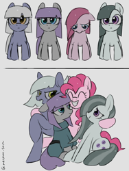 Size: 3072x4096 | Tagged: safe, artist:metaruscarlet, limestone pie, marble pie, maud pie, pinkie pie, earth pony, pony, g4, clothes, cutie mark, female, filly, filly limestone pie, filly marble pie, filly maud pie, filly pinkie pie, foal, gray background, looking at someone, looking at you, looking down, open mouth, pie sisters, sad, siblings, simple background, sisters, smiling, stubby legs, younger