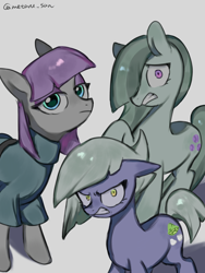 Size: 3072x4096 | Tagged: safe, artist:metaruscarlet, limestone pie, marble pie, maud pie, earth pony, pony, g4, angry, calm, clothes, cutie mark, ears back, gray background, gritted teeth, hooves up, looking at you, pie sisters, shadow, siblings, simple background, sisters, surprised, teeth